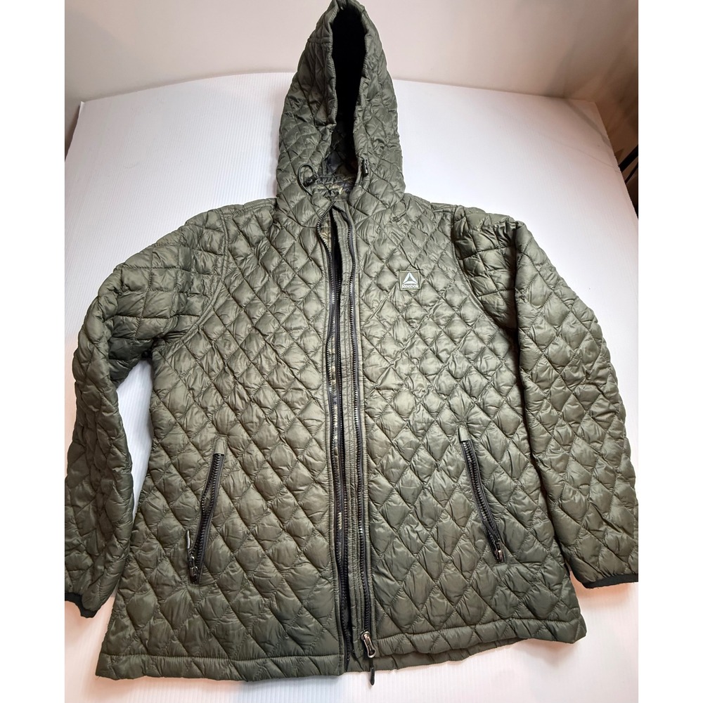 Reebok Quilted Hooded Puffer Jacket Olive Green Camo Lined Full Zip Women XL